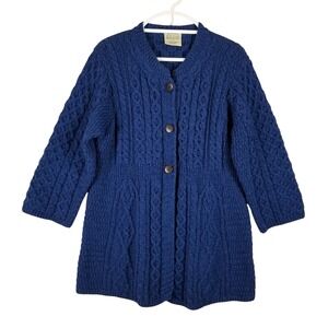 Kilronan Knitwear Blue Wool Aran Cable Knit Cardigan Sweater Ireland Womens L